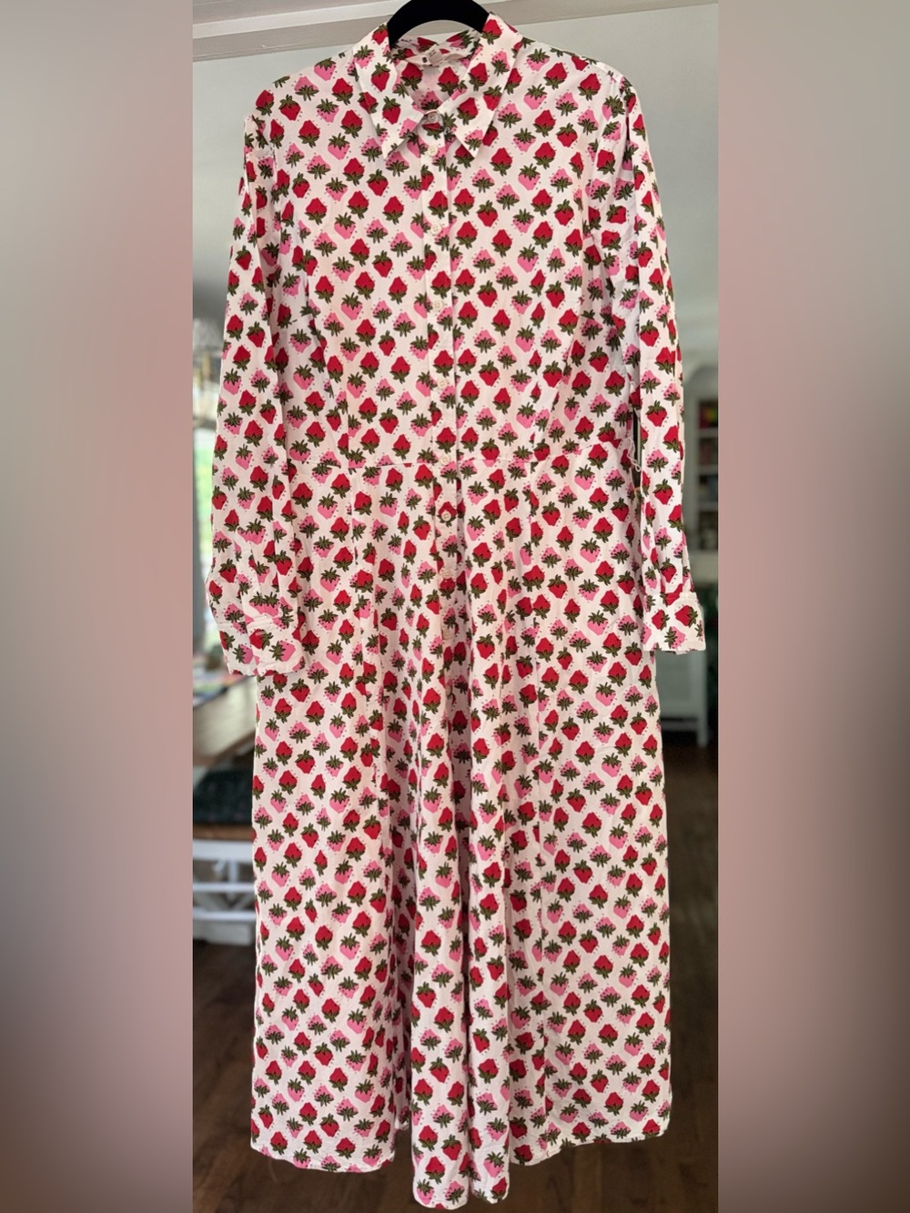 Boden Amy Strawberry Pop Midi Shirtdress Cotton White Red Long Sleeve